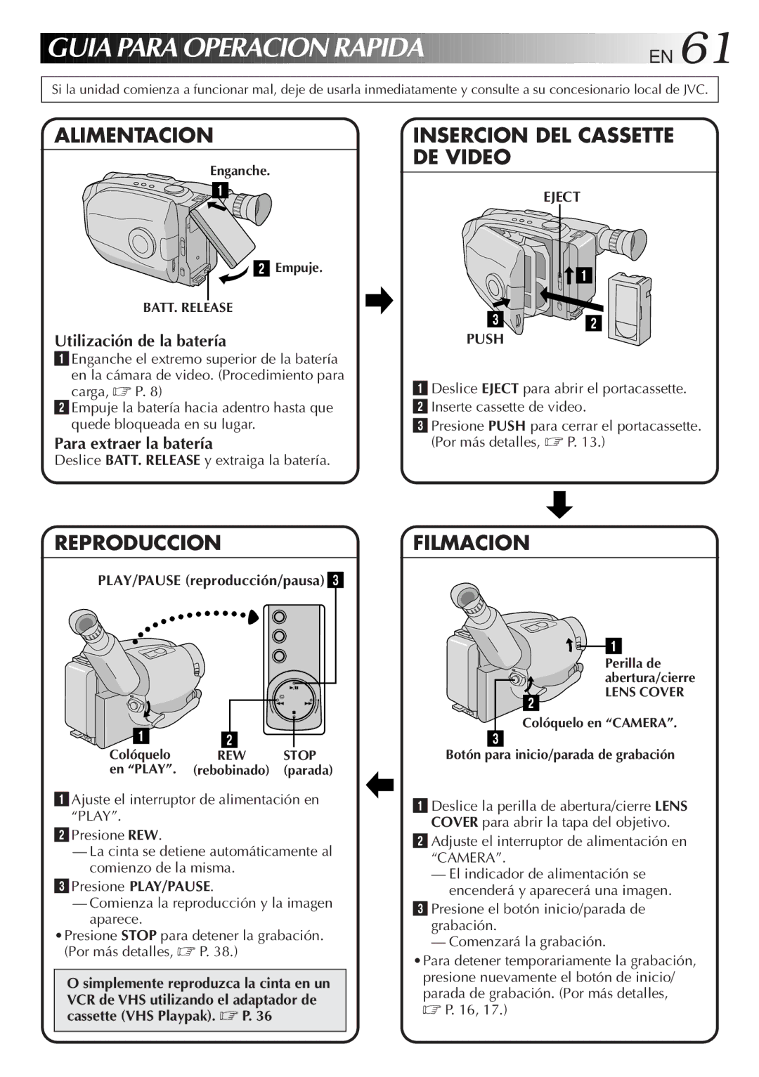 JVC GR-AX930U manual Eject Push, PLAY/PAUSE reproducción/pausa, Adjuste el interruptor de alimentación en Camera 