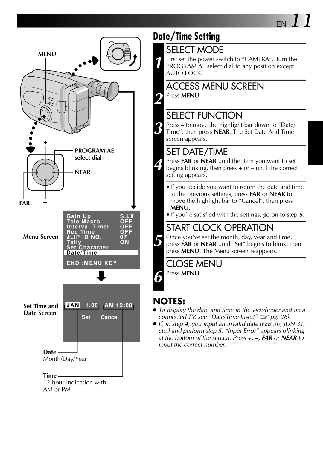 JVC GR-AX937 manual Start Clock Operation, Close Menu, Near 