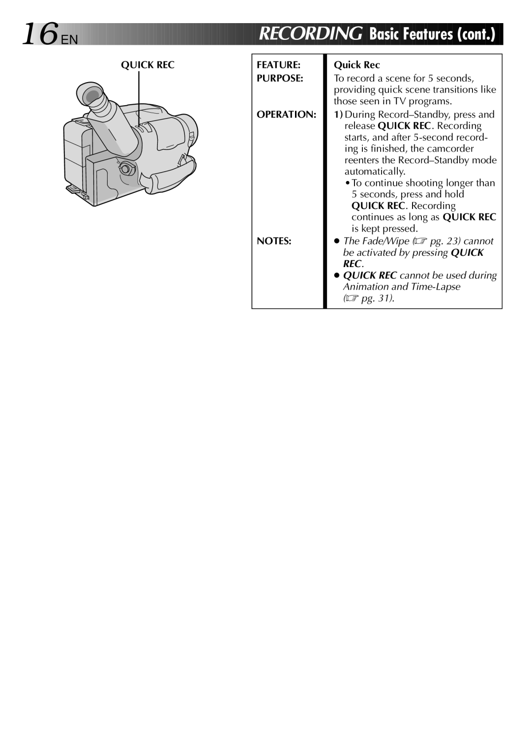 JVC GR-AX937 manual Quick REC Feature Purpose Operation, Quick Rec 