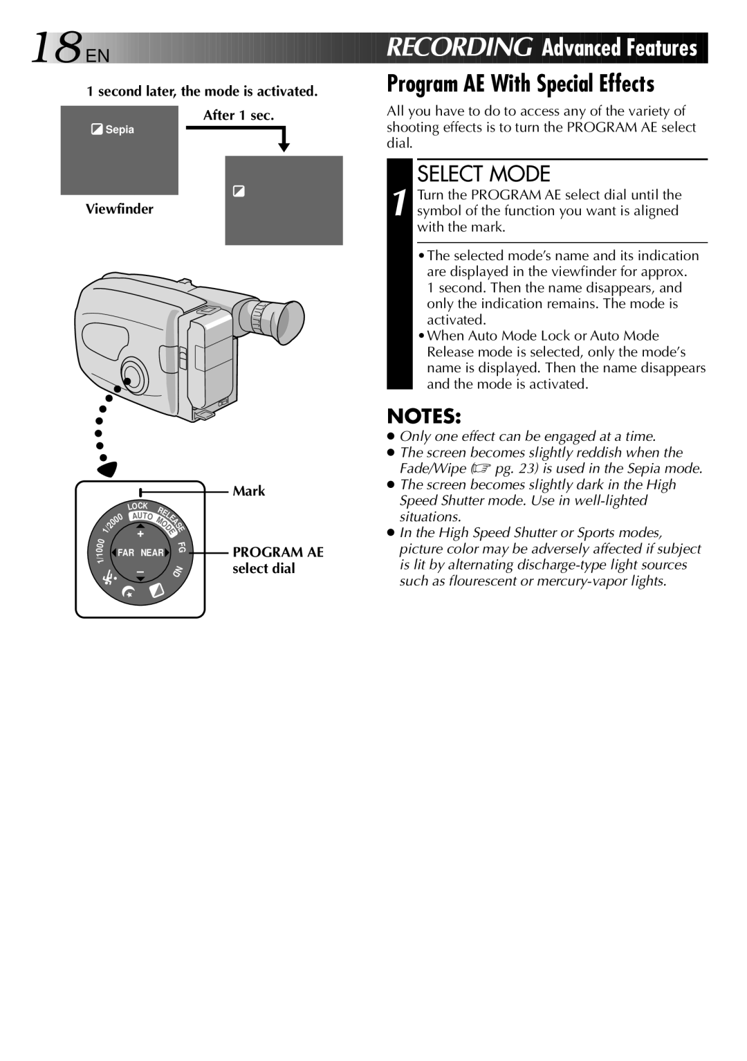 JVC GR-AX937 manual Program AE With Special Effects, After 1 sec, Mark Program AE select dial 