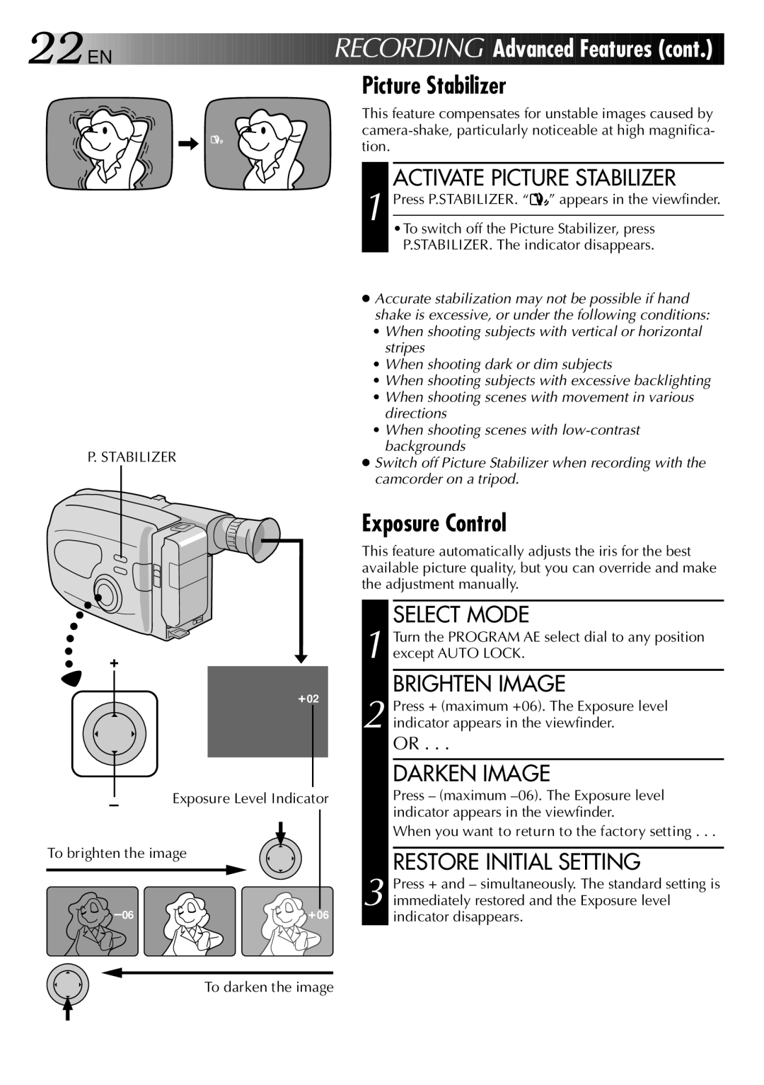 JVC GR-AX937 manual Picture Stabilizer, Exposure Control 