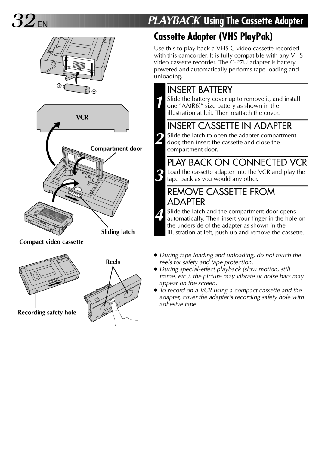 JVC GR-AX937 manual Cassette Adapter VHS PlayPak, Insert Cassette in Adapter, Play Back on Connected VCR 