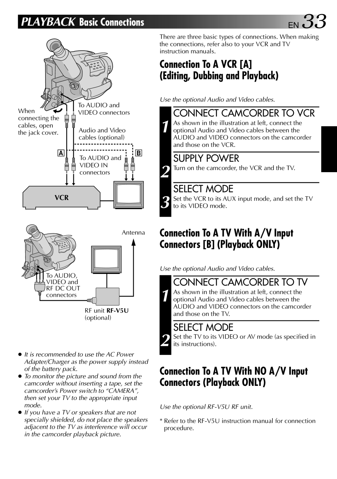 JVC GR-AX937 manual Connect Camcorder to VCR, Connect Camcorder to TV 