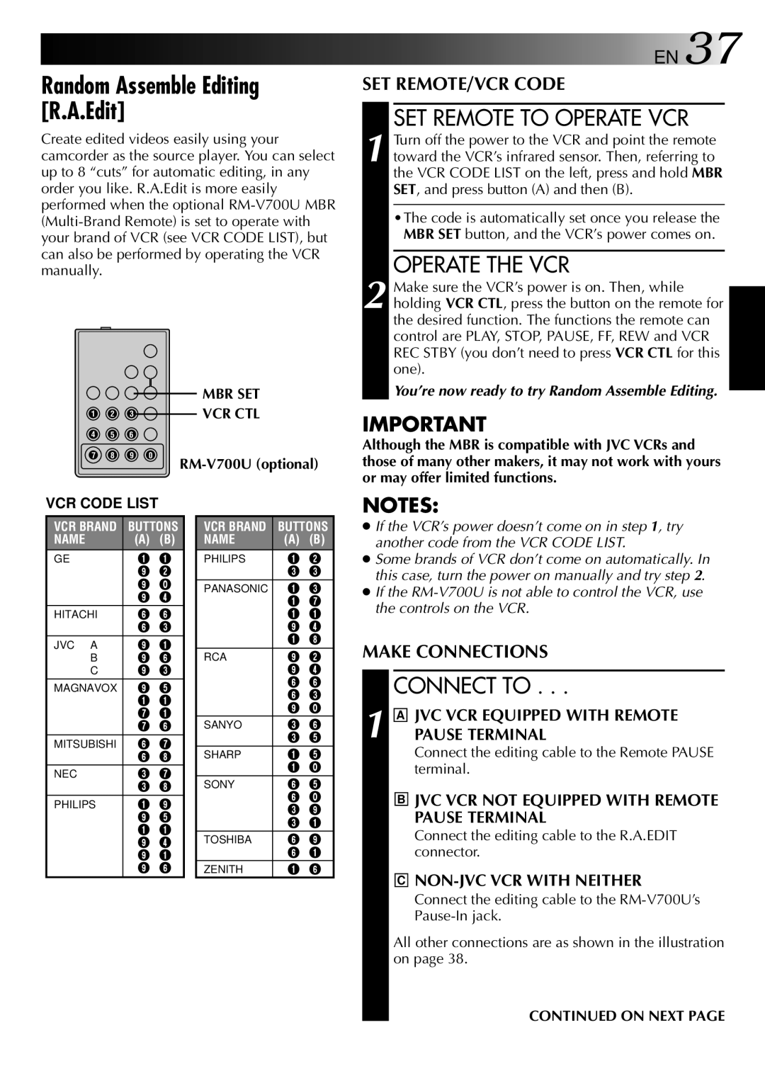 JVC GR-AX937 manual Random Assemble Editing R.A.Edit, SET Remote to Operate VCR, Operate the VCR, Connect to, On Next 