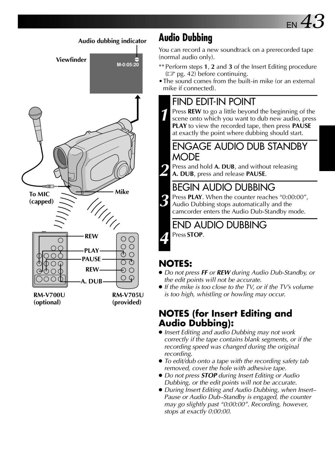 JVC GR-AX937 manual Audio dubbing indicator Viewfinder, REW Play Pause DUB, Mike RM-V705U provided 