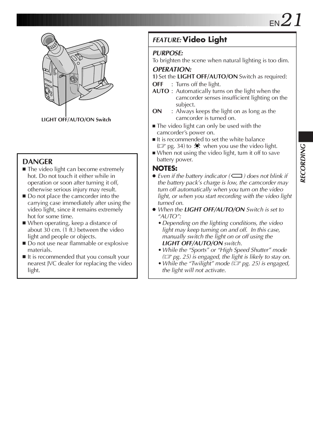 JVC GR-AX940 manual Feature Video Light, To brighten the scene when natural lighting is too dim, Battery power 