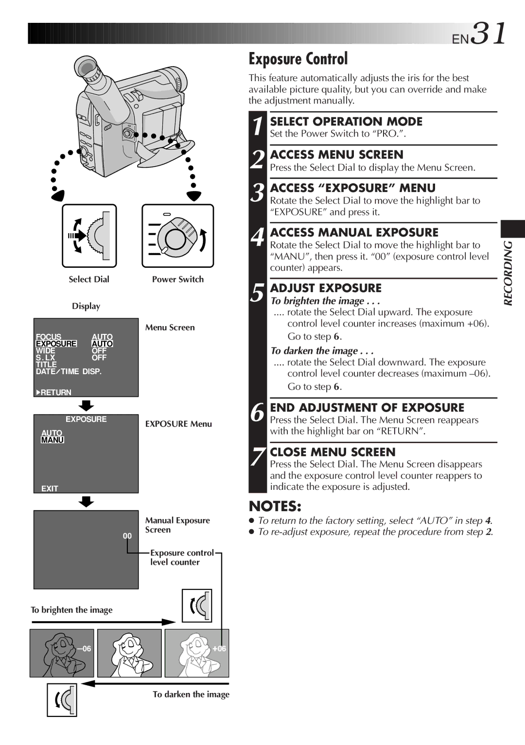 JVC GR-AX940 Exposure Control, Access Exposure Menu, Access Manual Exposure, Adjust Exposure, END Adjustment of Exposure 