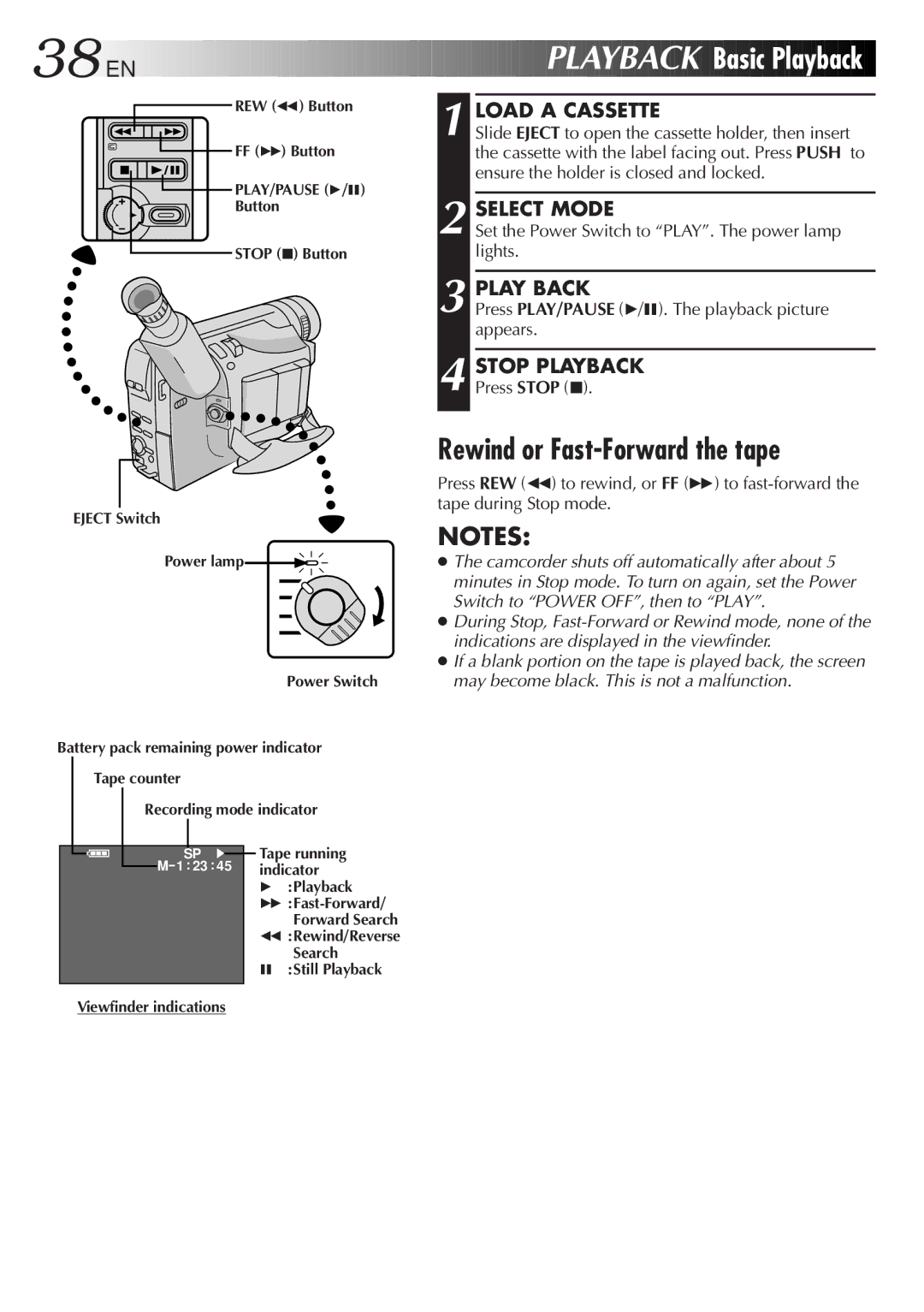 JVC GR-AX940 manual Playback Basic Playback, Rewind or Fast-Forward the tape, Play Back, Stop Playback 