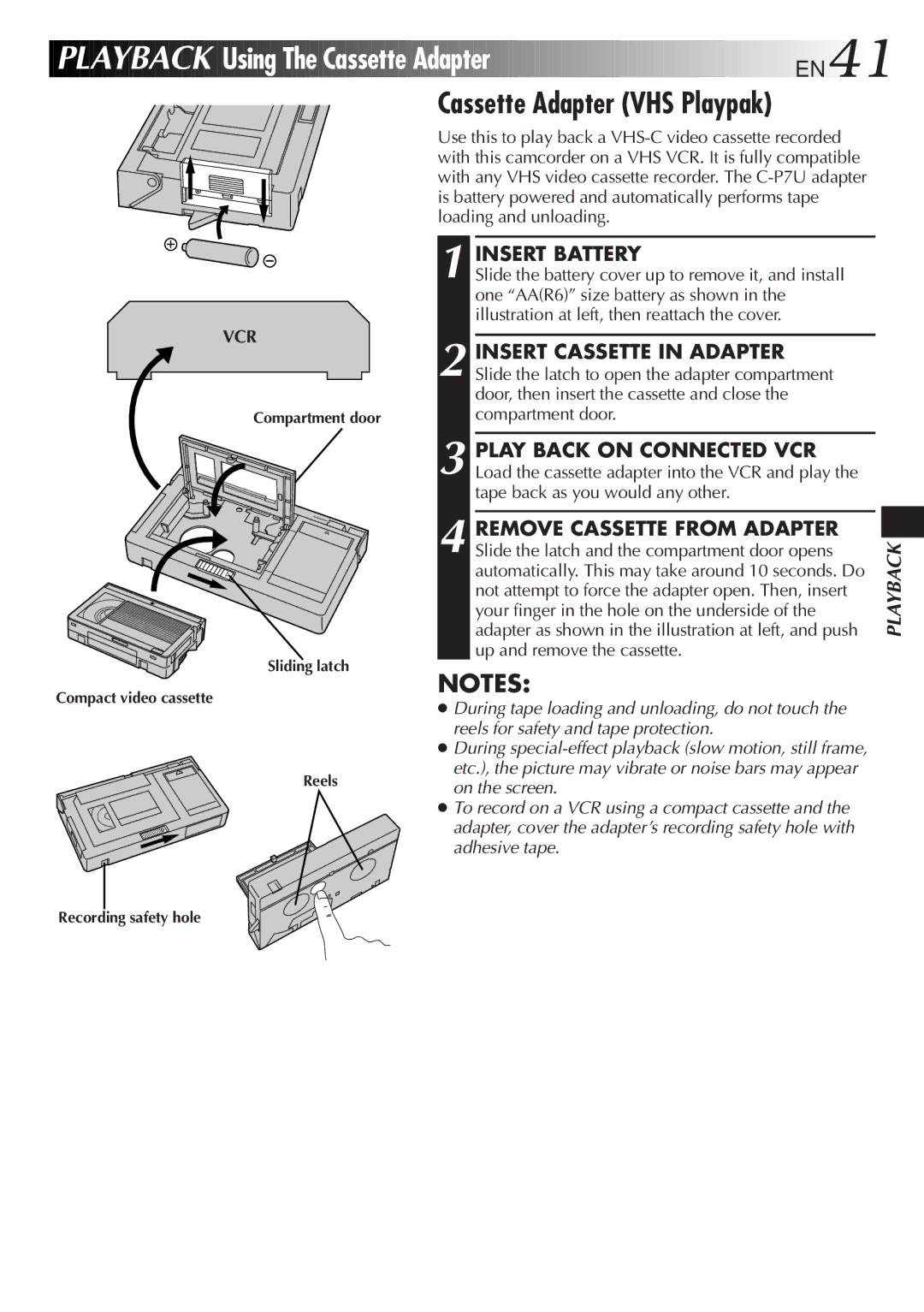 JVC GR-AX940 manual Using The Cassette Adapter EN41, Cassette Adapter VHS Playpak, Insert Battery 