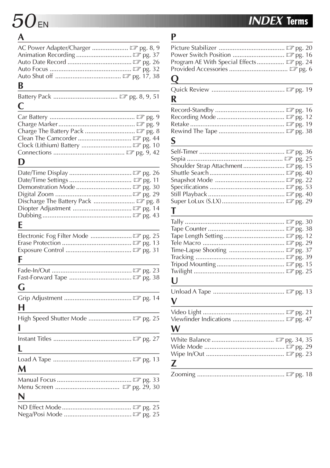 JVC GR-AX940 manual Index Terms, Pg , 9 