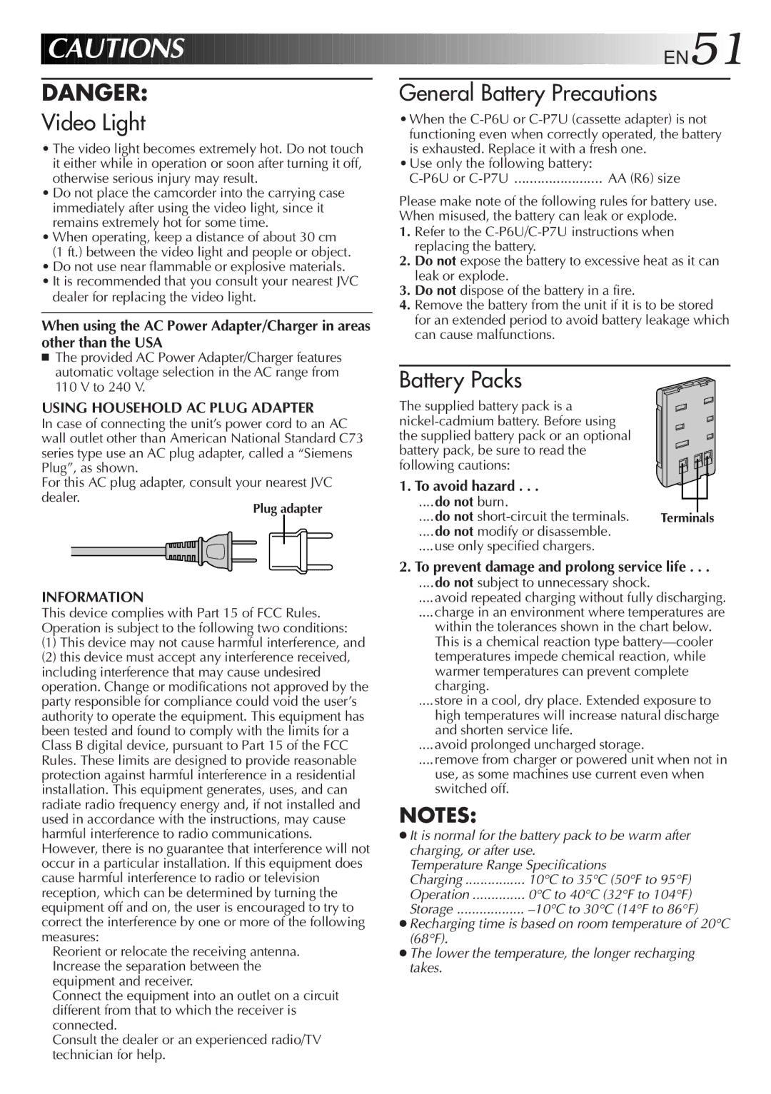 JVC GR-AX940 manual When using the AC Power Adapter/Charger in areas, Other than the USA, To avoid hazard 