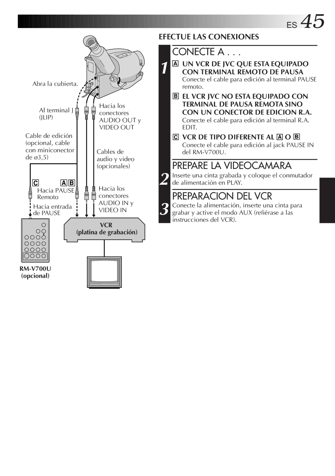 JVC GR-AX947UM manual Conecte a, Prepare LA Videocamara, Preparacion DEL VCR, Vcr, RM-V700U Opcional 