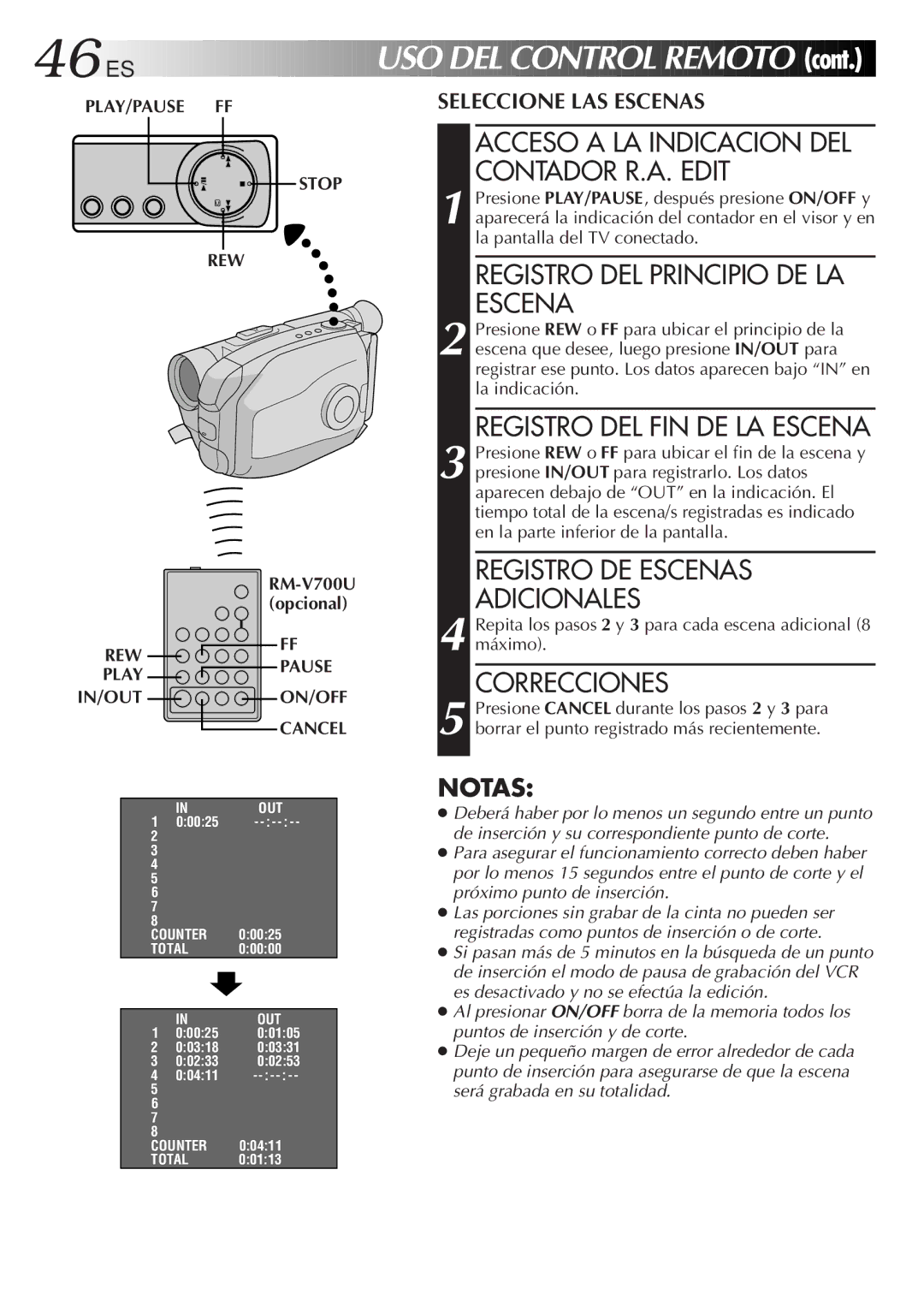 JVC GR-AX947UM manual Acceso a LA Indicacion DEL Contador R.A. Edit, Registro DEL Principio DE LA Escena, Correcciones 