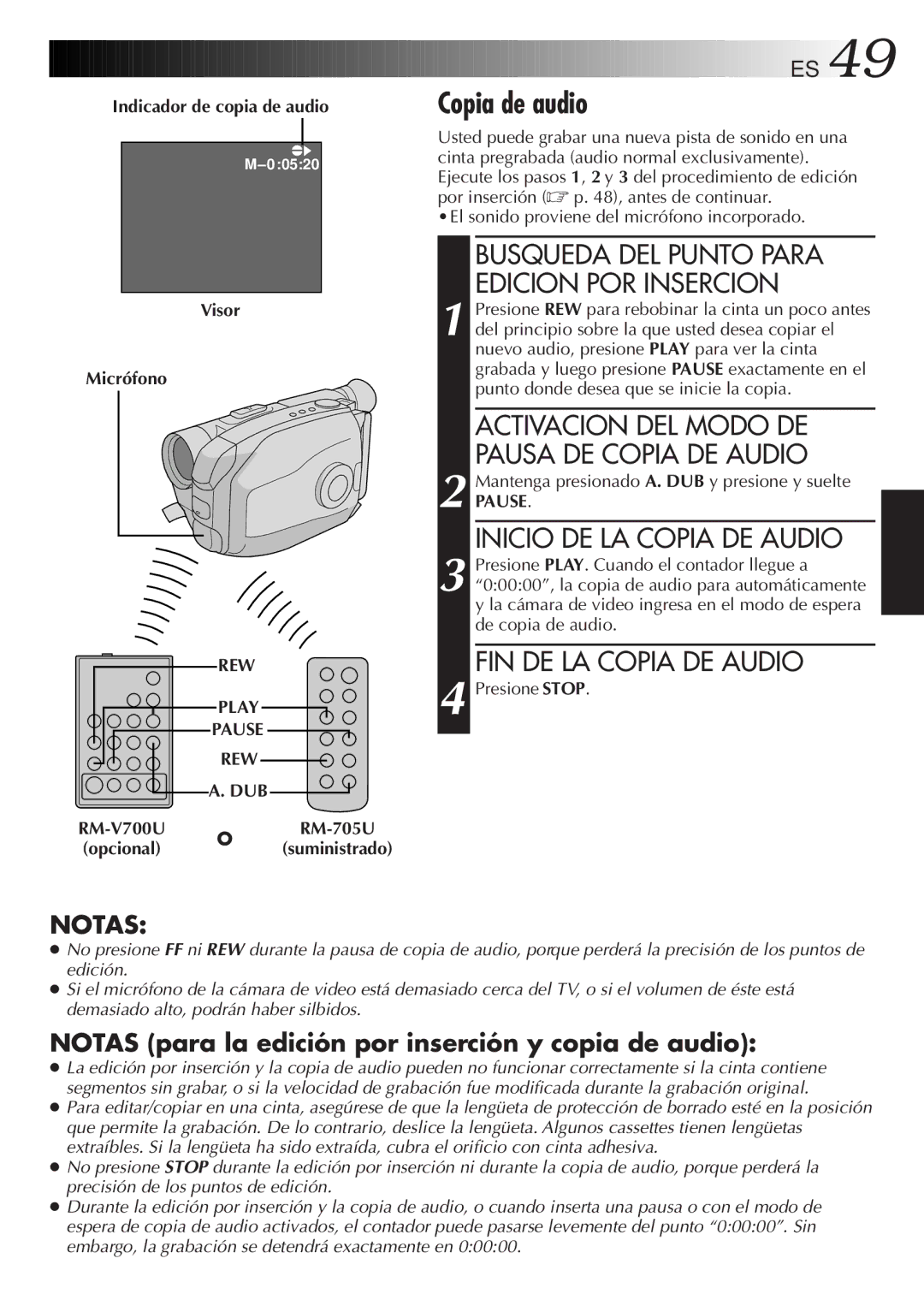 JVC GR-AX947UM manual Indicador de copia de audio Visor Micrófono, Presione Stop, RM-705U 