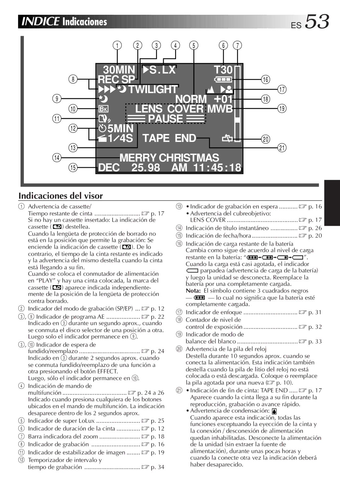 JVC GR-AX947UM manual Indice Indicaciones, Indicaciones del visor 