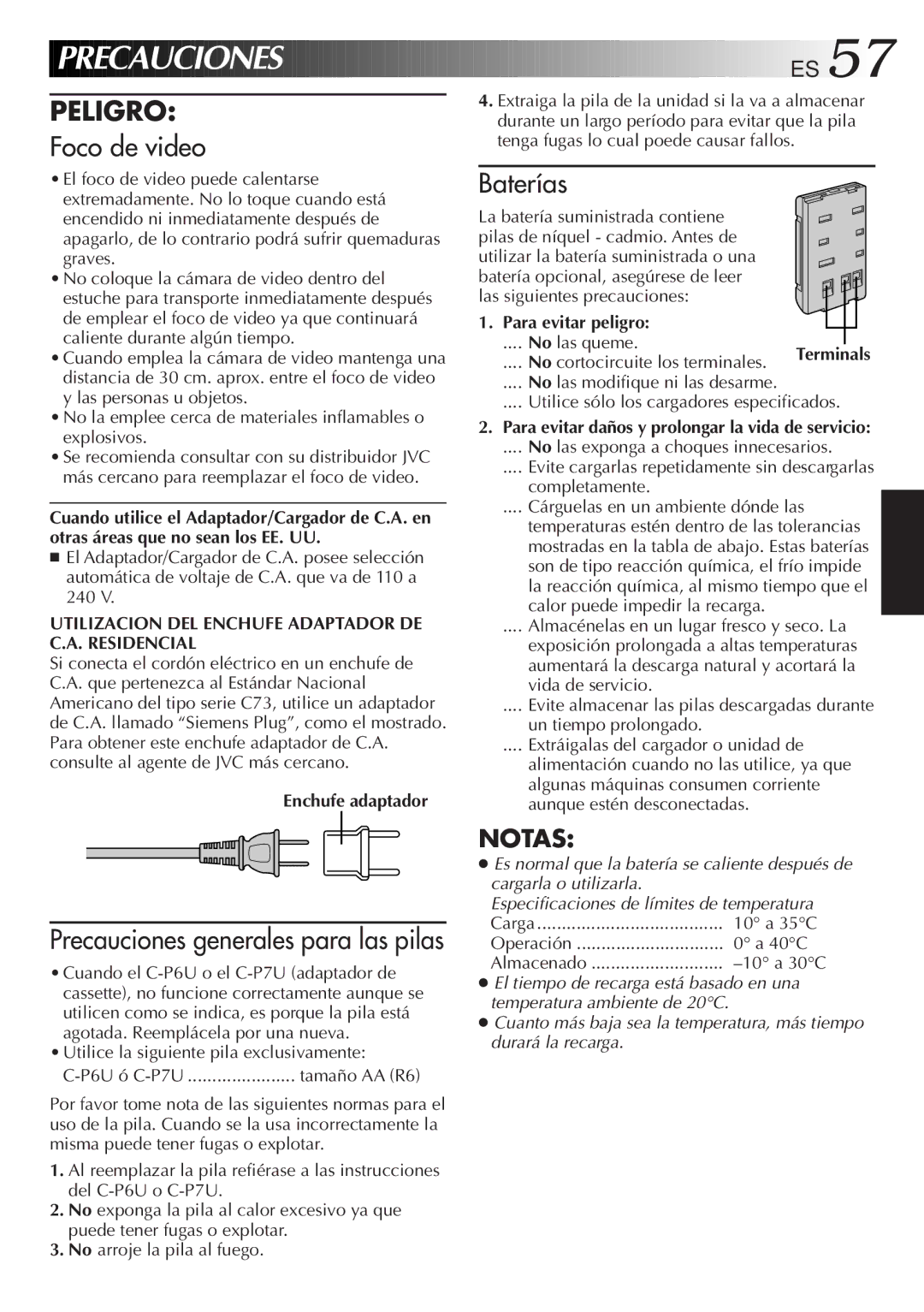 JVC GR-AX947UM Precauciones, Utilizacion DEL Enchufe Adaptador DE C.A. Residencial, Enchufe adaptador, Para evitar peligro 