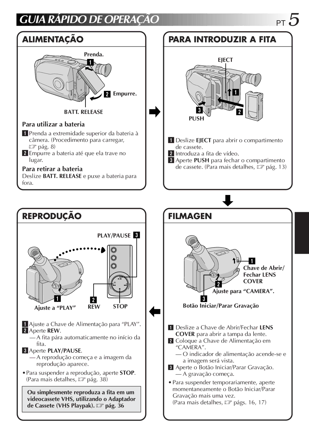 JVC GR-AX947UM manual Guia Rápido DE Operação, Para utilizar a bateria, Para retirar a bateria, Cover 