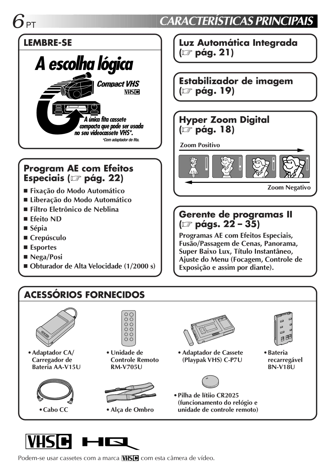 JVC GR-AX947UM Zoom Positivo Zoom Negativo, Bateria AA-V15U RM-V705U BN-V18U Pilha de lítiio CR2025, Cabo CC Alça de Ombro 