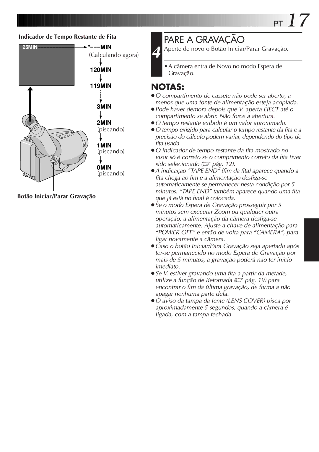 JVC GR-AX947UM manual Pare a Gravação, Indicador de Tempo Restante de Fita, Piscando 