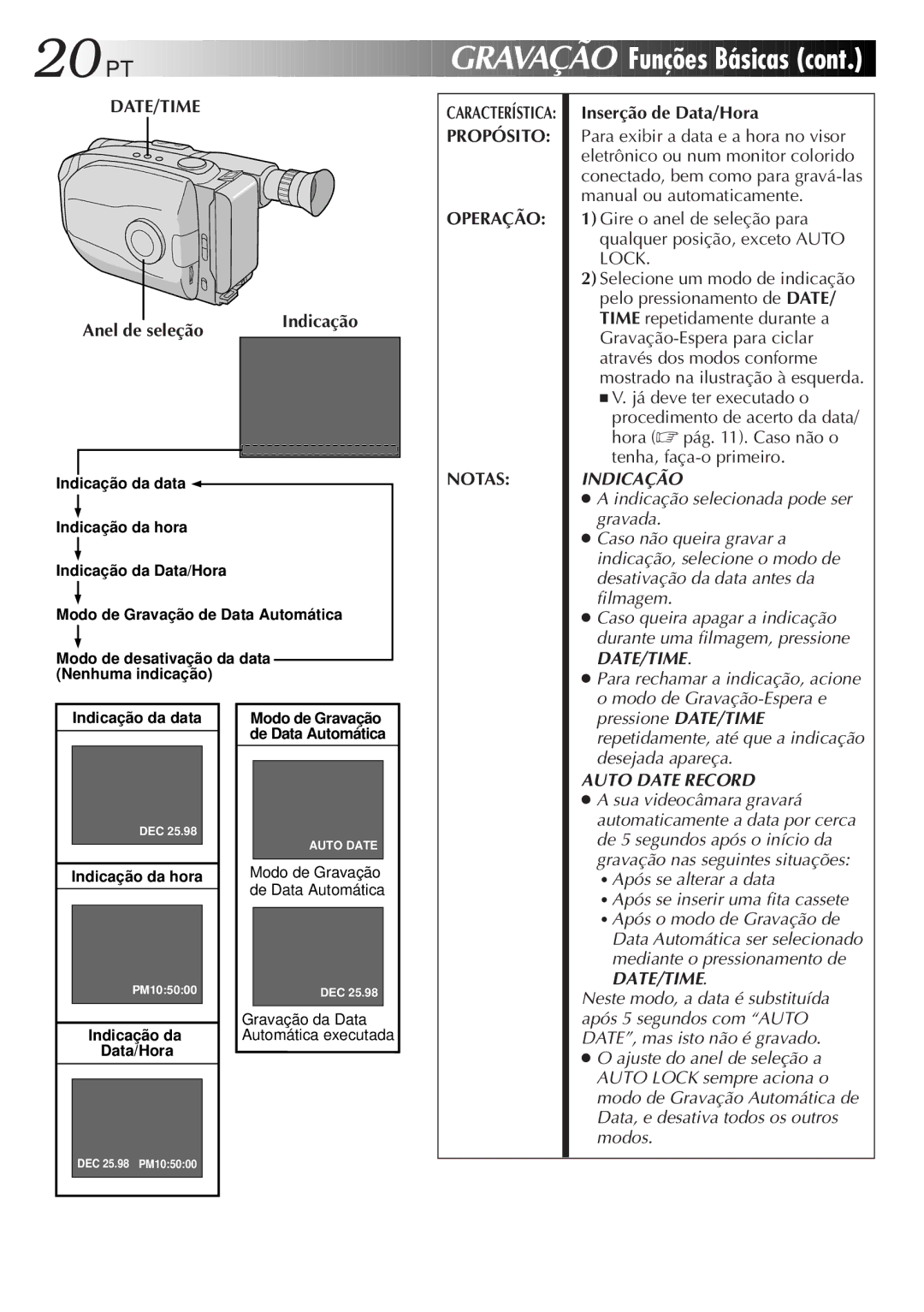 JVC GR-AX947UM manual Funções Básicas, Indicação, Propósito Operação Notas, Inserção de Data/Hora 