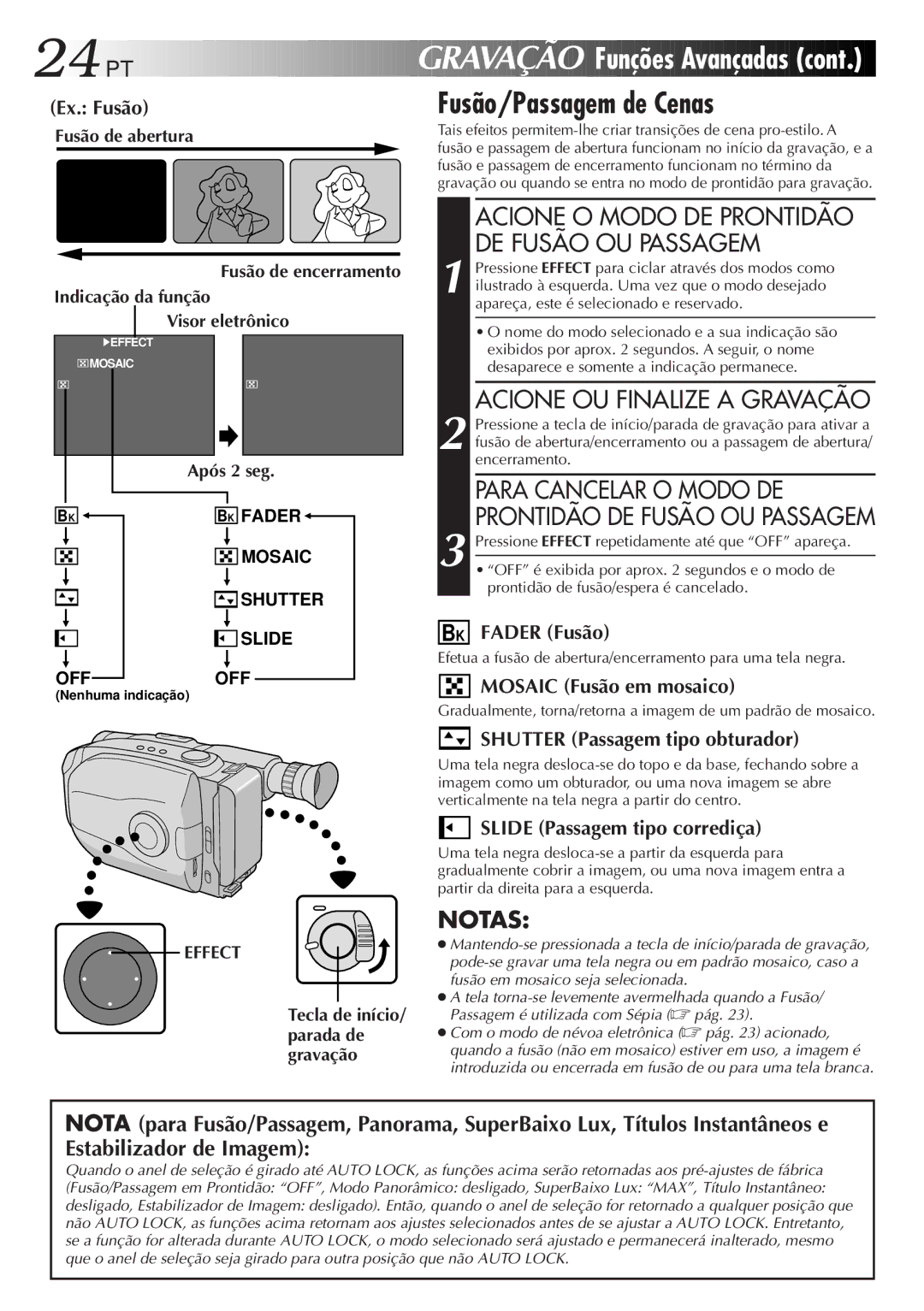 JVC GR-AX947UM manual Fusão/Passagem de Cenas, Acione OU Finalize a Gravação 