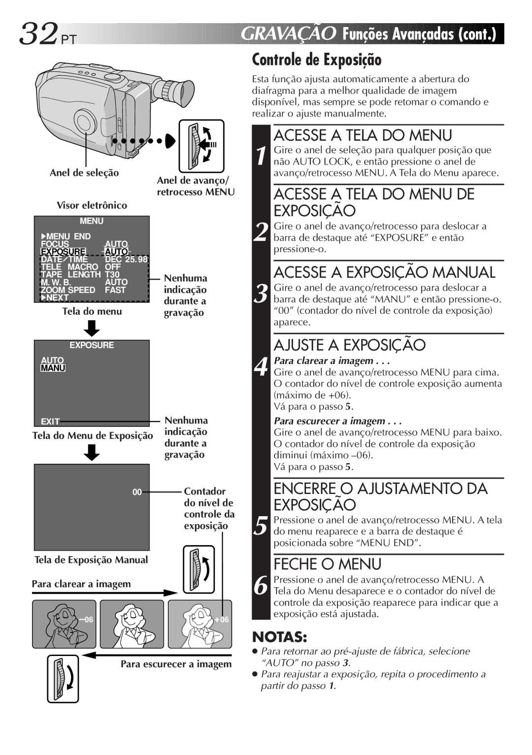 JVC GR-AX947UM Controle de Exposição, Acesse a Tela do Menu DE Exposição, Acesse a Exposição Manual, Ajuste a Exposição 