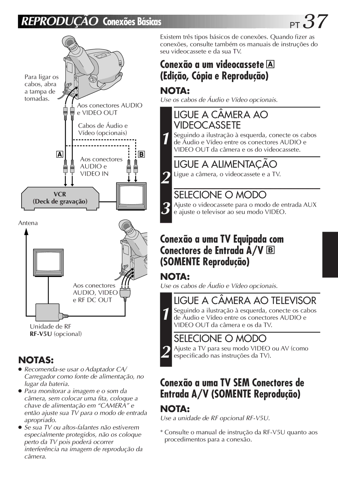 JVC GR-AX947UM Reprodução Conexões Básicas, Ligue a Câmera AO Videocassete, Ligue a Câmera AO Televisor, Deck de gravação 