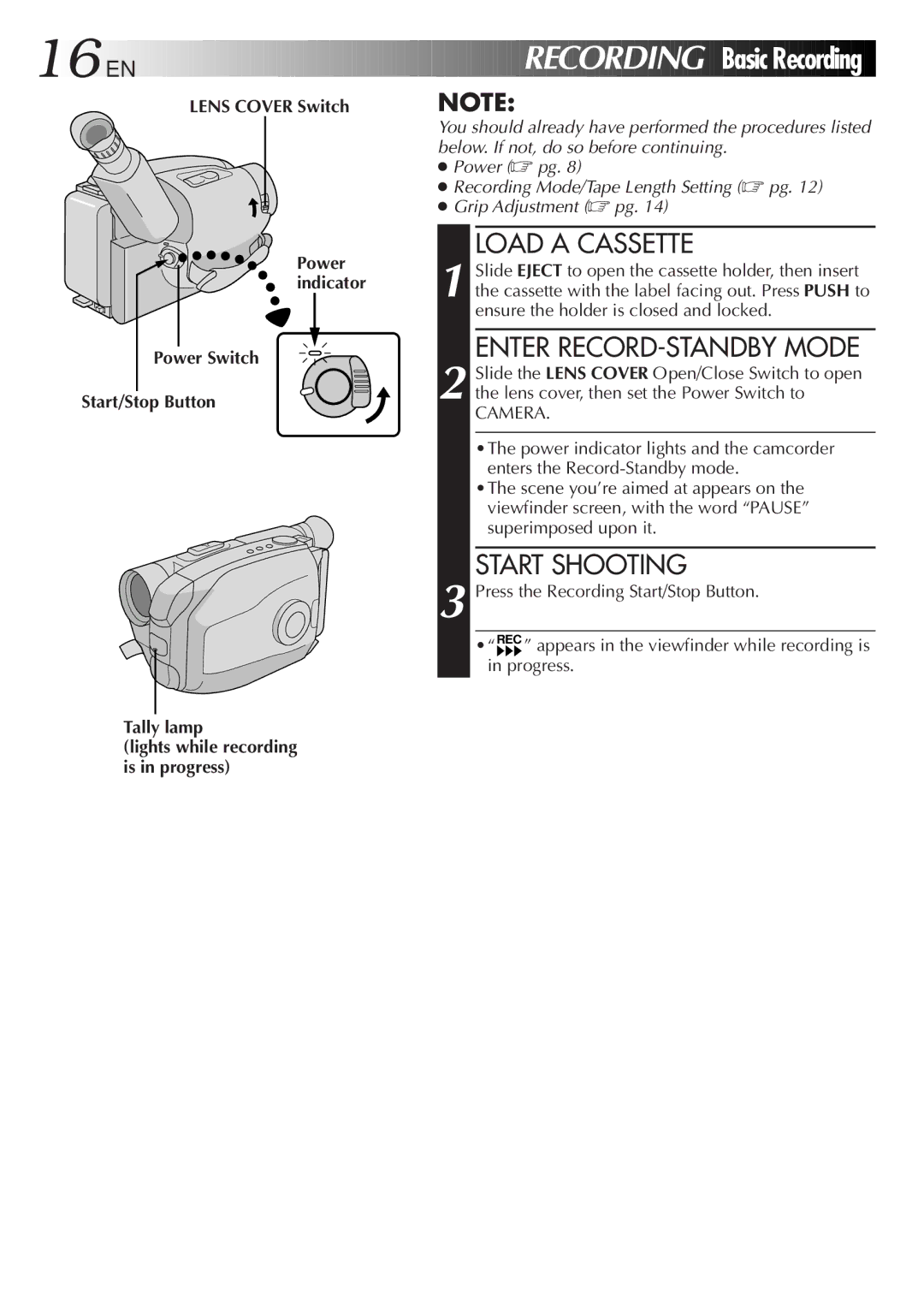 JVC GR-AX947UM manual EN Recording Basic Recording, Load a Cassette, Enter RECORD-STANDBY Mode, Start Shooting 