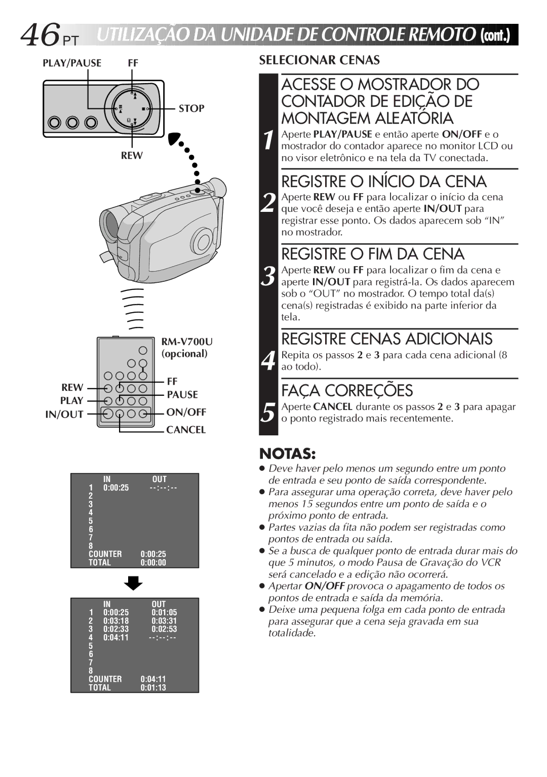 JVC GR-AX947UM manual Registre O Início DA Cena, Registre O FIM DA Cena, Registre Cenas Adicionais, Faça Correções 