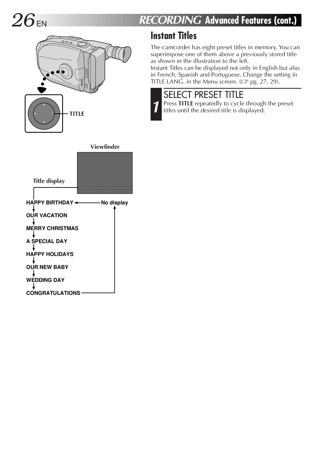 JVC GR-AX947UM manual Instant Titles, Select Preset Title, Viewfinder Title display 