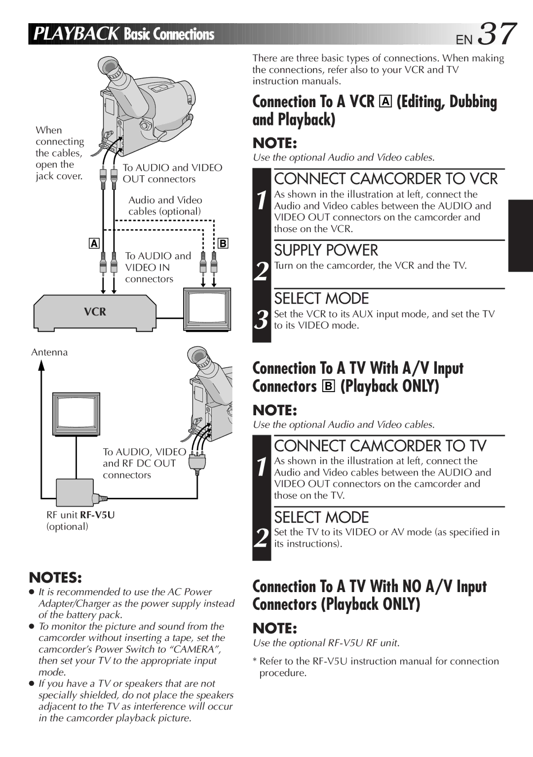 JVC GR-AX947UM Playback Basic Connections, Connection To a VCR a Editing, Dubbing and Playback, Connect Camcorder to VCR 