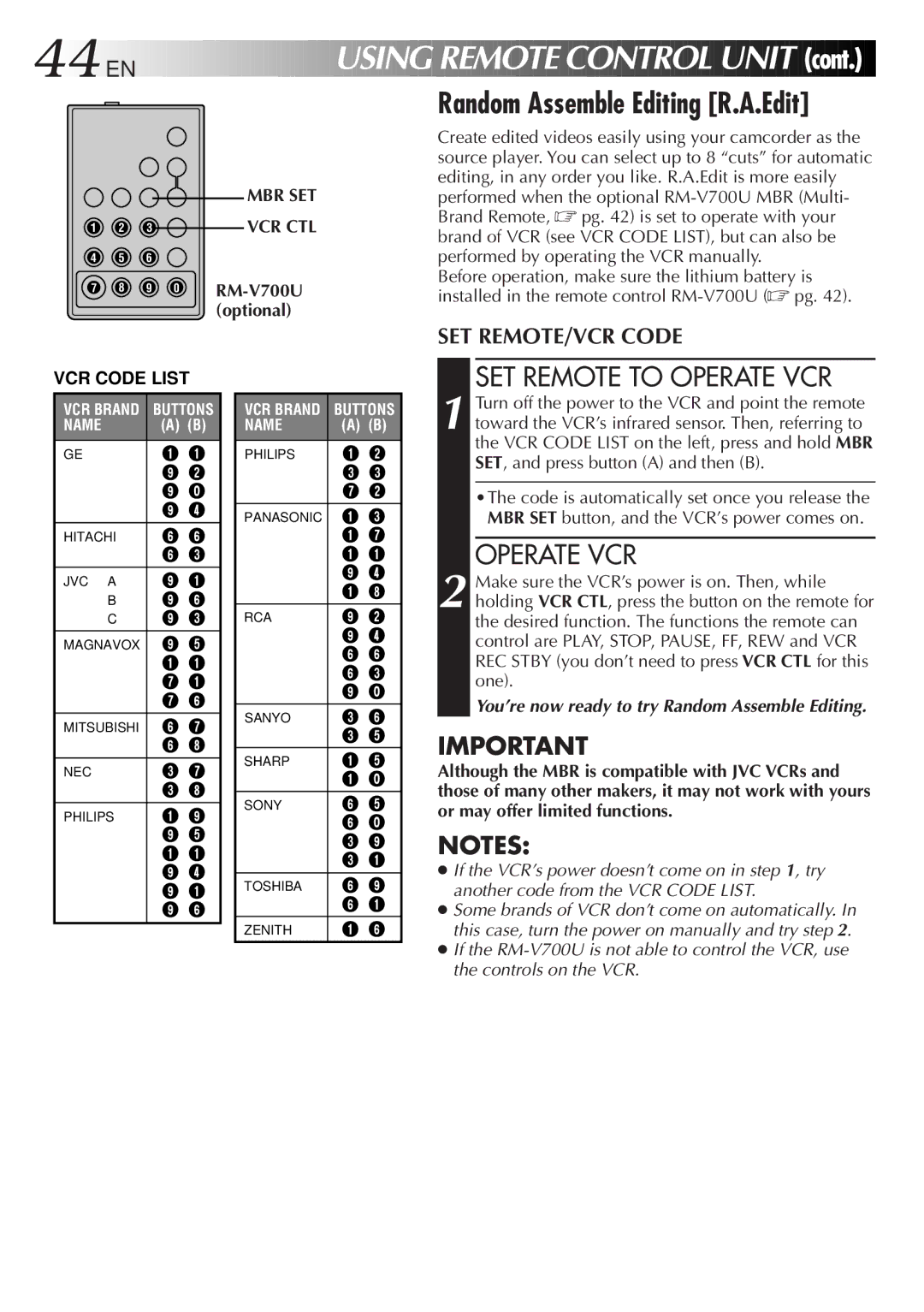 JVC GR-AX947UM manual Using Remote Control Unit, Random Assemble Editing R.A.Edit, SET Remote to Operate VCR, VCR Code List 