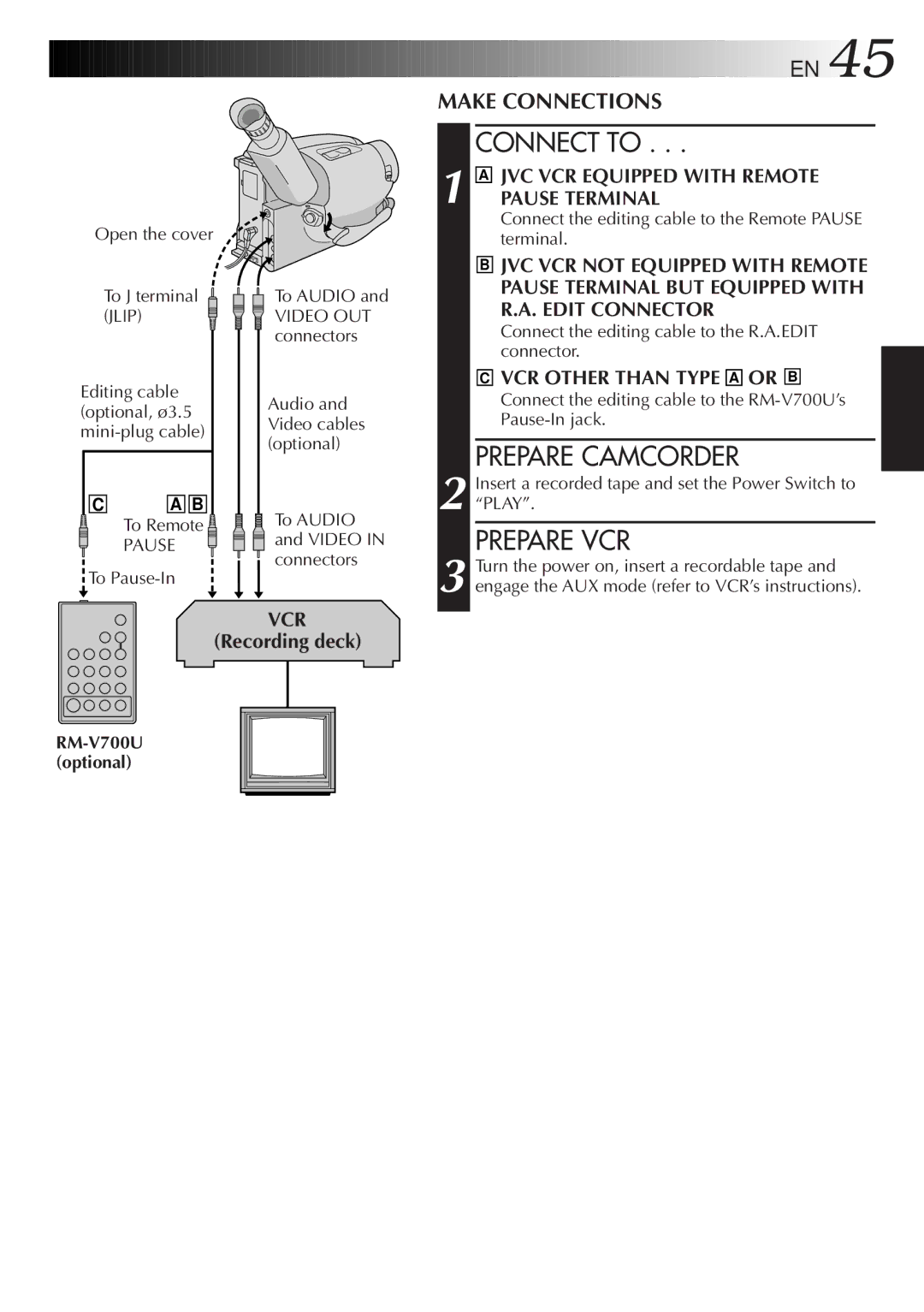 JVC GR-AX947UM manual Connect to, Prepare Camcorder, Prepare VCR, Recording deck, RM-V700U optional 