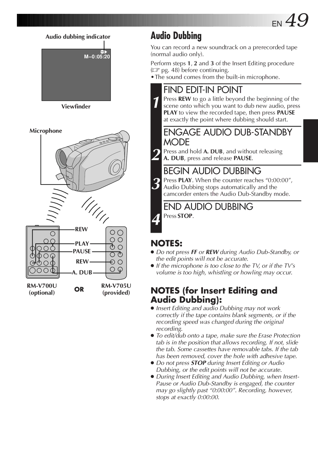 JVC GR-AX947UM manual Audio dubbing indicator Viewfinder Microphone, Rew Dub 