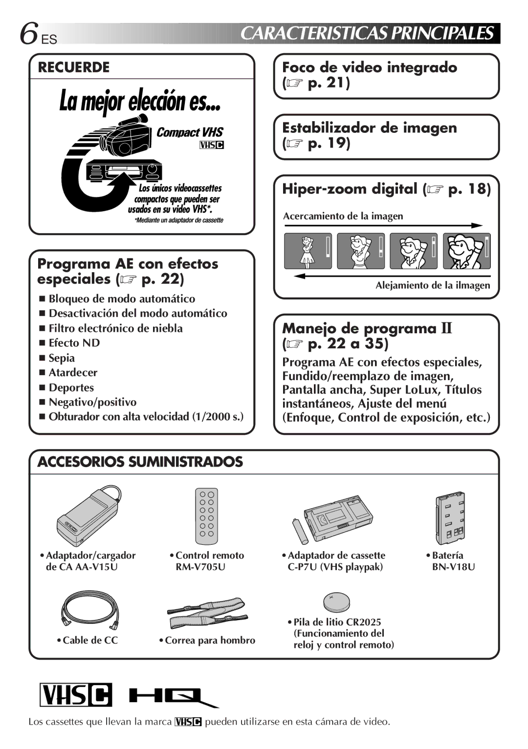 JVC GR-AX947UM manual Acercamiento de la imagen, Alejamiento de la ilmagen, Adaptador/cargador 