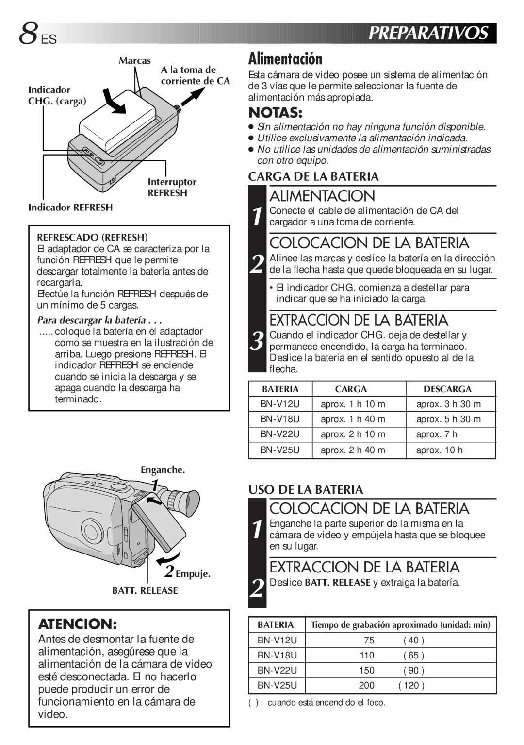 JVC GR-AX947UM manual Alimentación, Alimentacion, Colocacion DE LA Bateria, Extraccion DE LA Bateria 