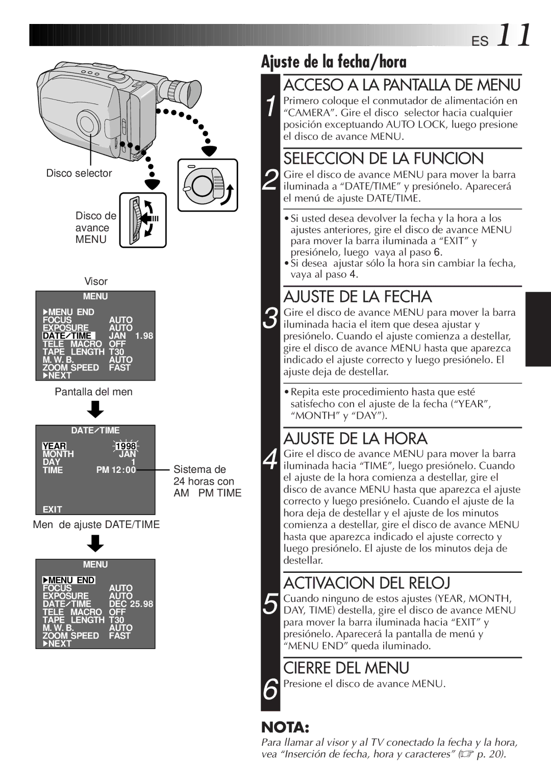 JVC GR-AX947UM manual Ajuste de la fecha/hora 