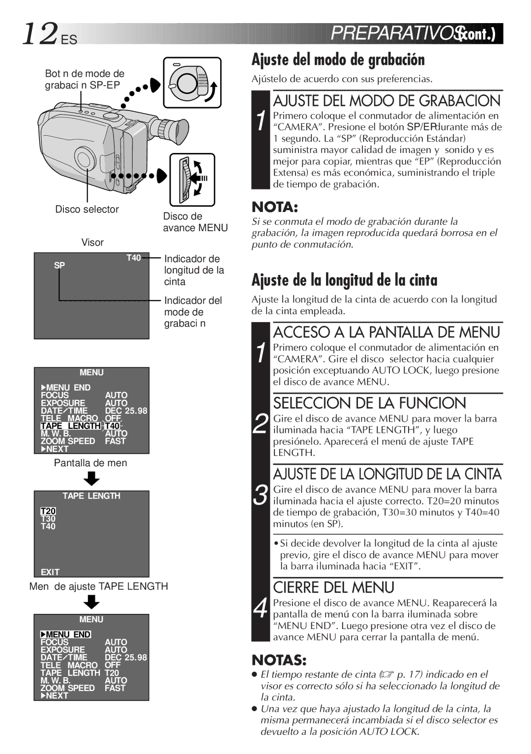 JVC GR-AX947UM manual ES Preparativos, Ajuste de la longitud de la cinta, Ajuste DEL Modo DE Grabacion 