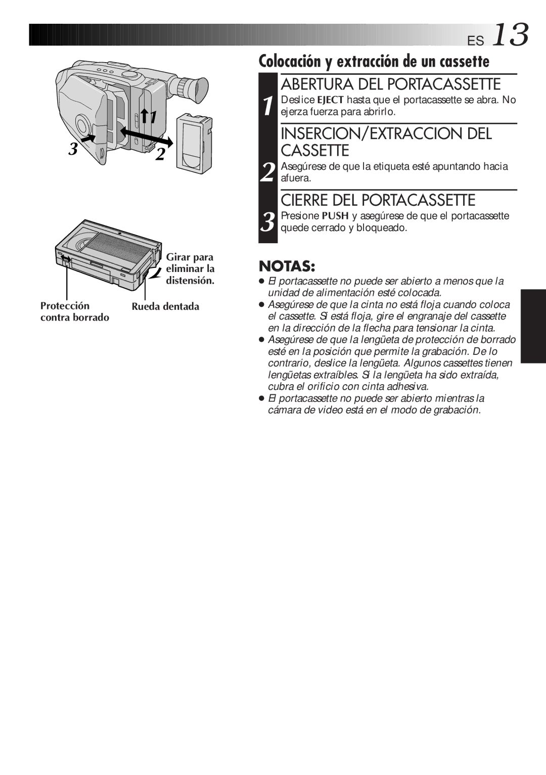 JVC GR-AX947UM manual Abertura DEL Portacassette, INSERCION/EXTRACCION DEL Cassette, Cierre DEL Portacassette 