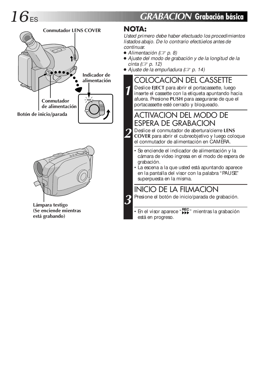 JVC GR-AX947UM manual ES Grabacion, Grabación básica, Colocacion DEL Cassette, Inicio DE LA Filmacion 