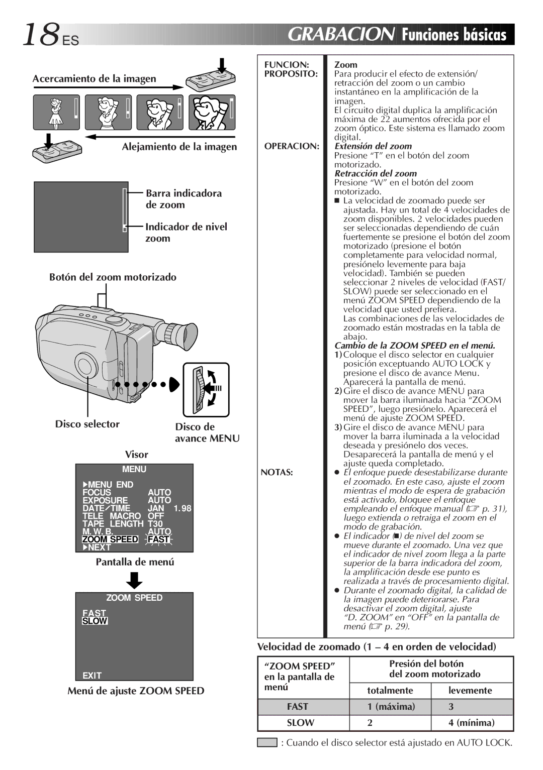 JVC GR-AX947UM manual ES Grabacion Funciones básicas, Acercamiento de la imagen Alejamiento de la imagen, Pantalla de menú 