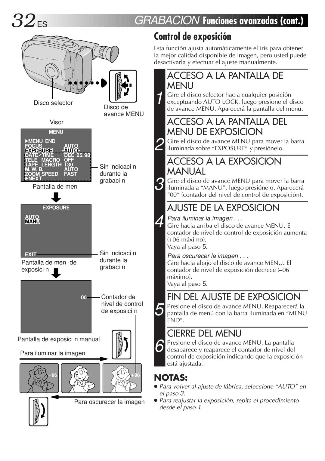 JVC GR-AX947UM Grabacion Funciones avanzadas cont. Control de exposición, Acceso a LA Pantalla DEL Menu DE Exposicion 