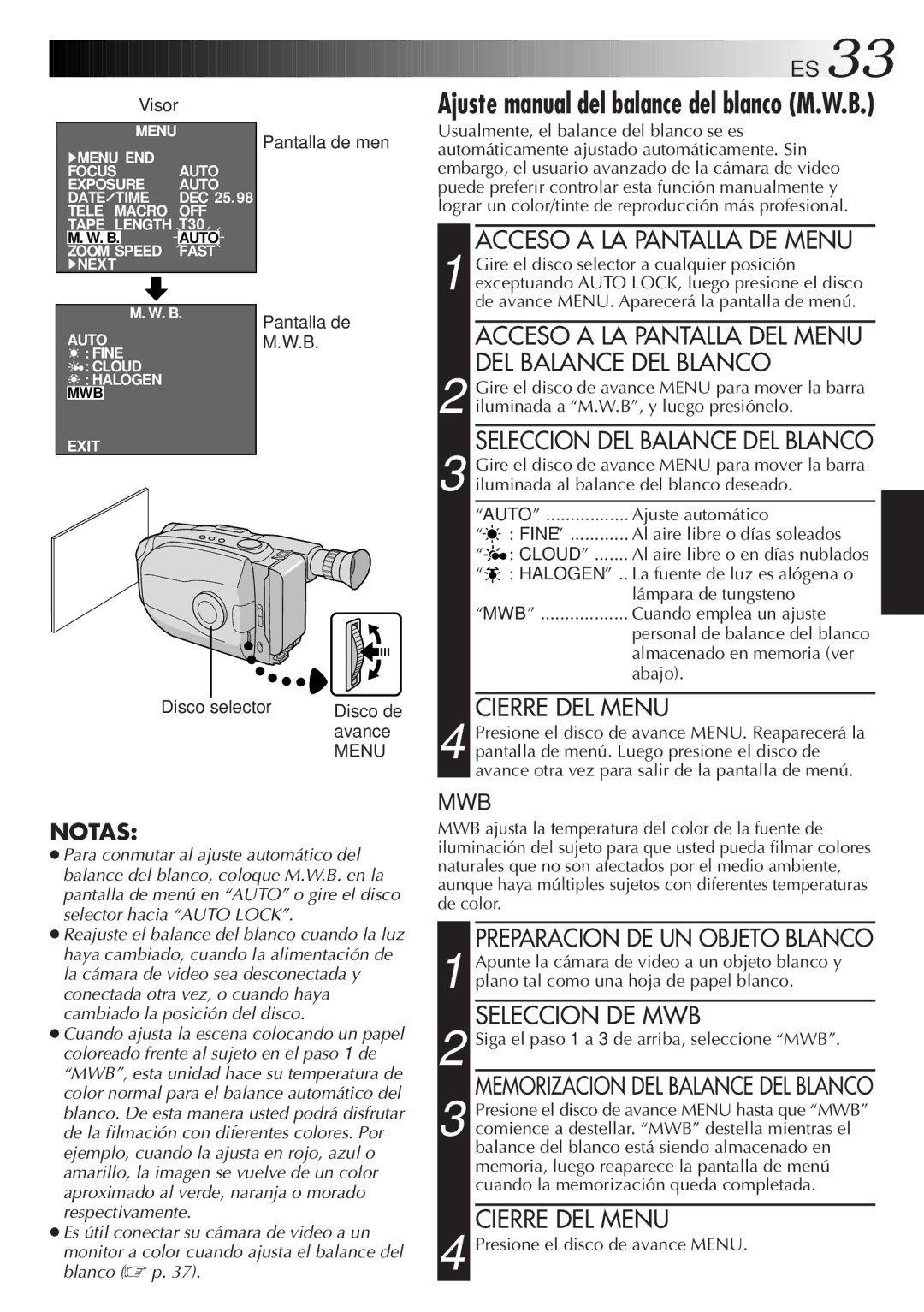 JVC GR-AX947UM Seleccion DE MWB, Ajuste manual del balance del blanco M.W.B, Pantalla de, Avance 