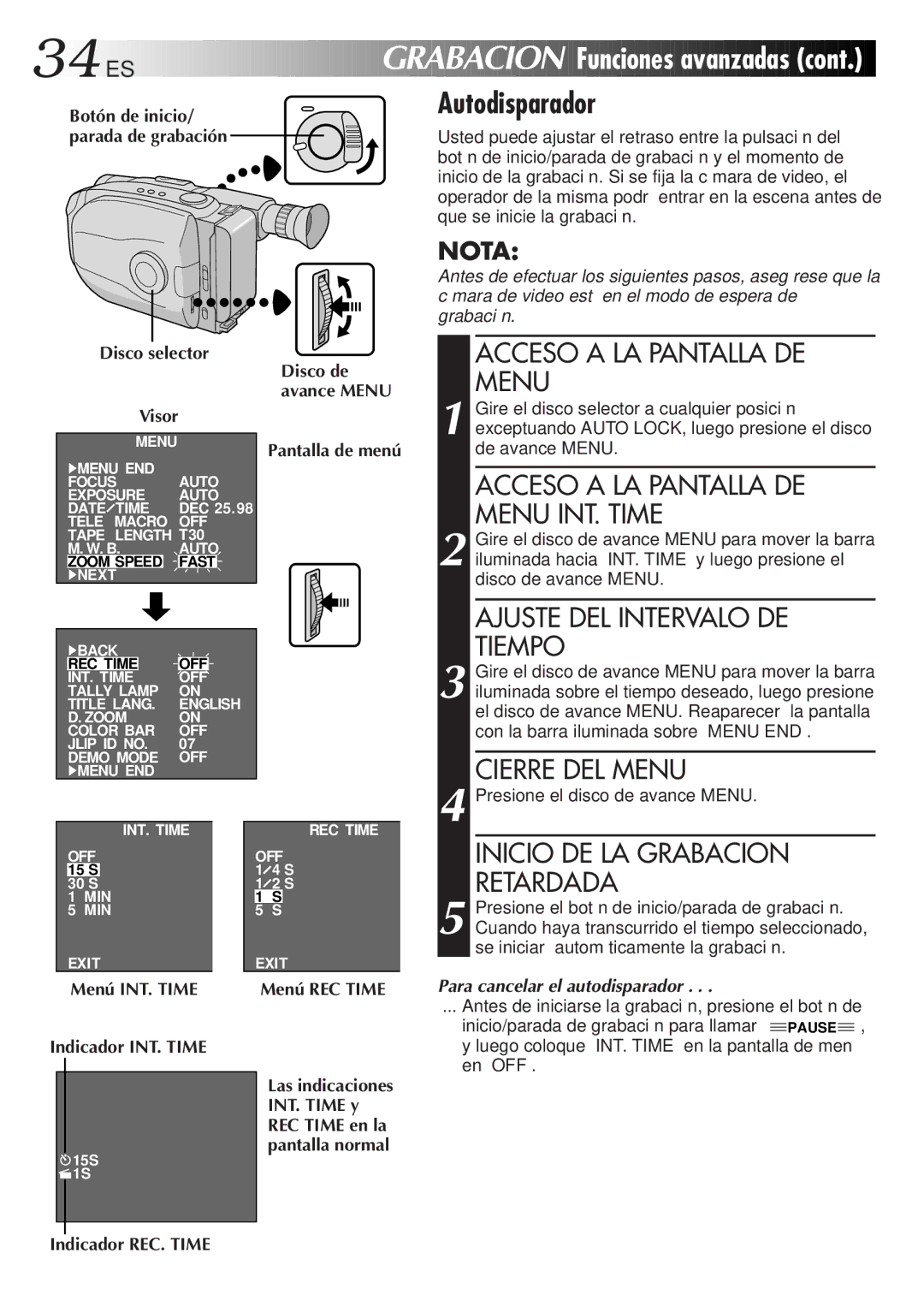 JVC GR-AX947UM manual Autodisparador, Acceso a LA Pantalla DE Menu INT. Time, Ajuste DEL Intervalo DE Tiempo 