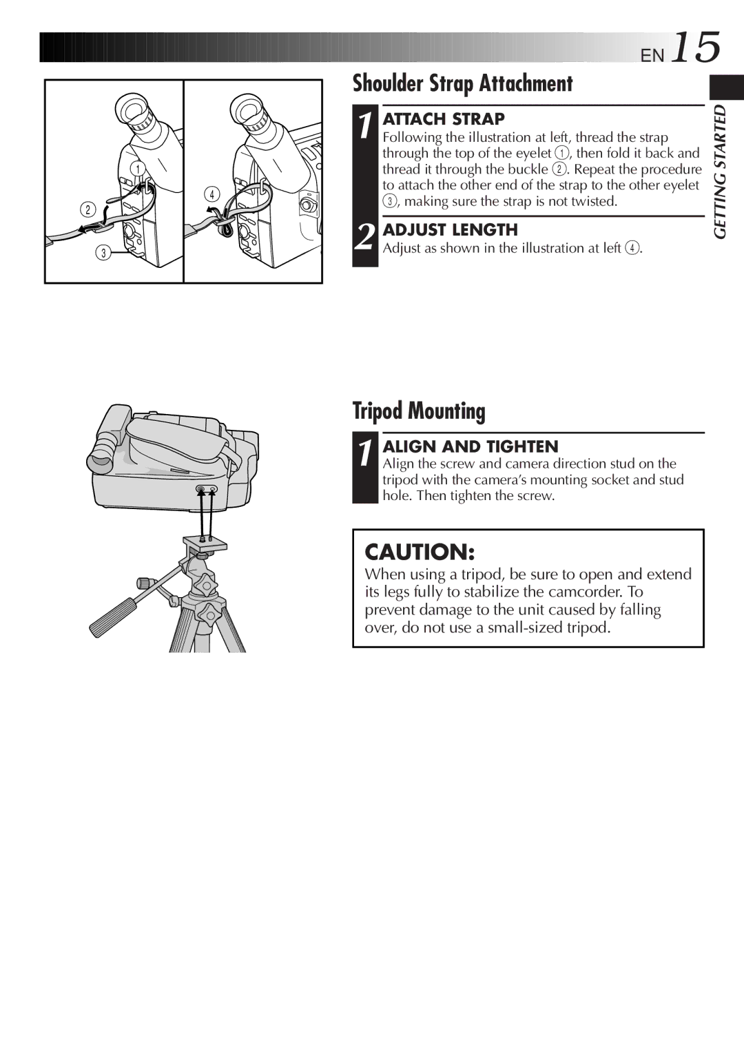 JVC GR-AX957UM, GR-AX857UM manual Shoulder Strap Attachment, Tripod Mounting, Attach Strap, Adjust Length, Align and Tighten 