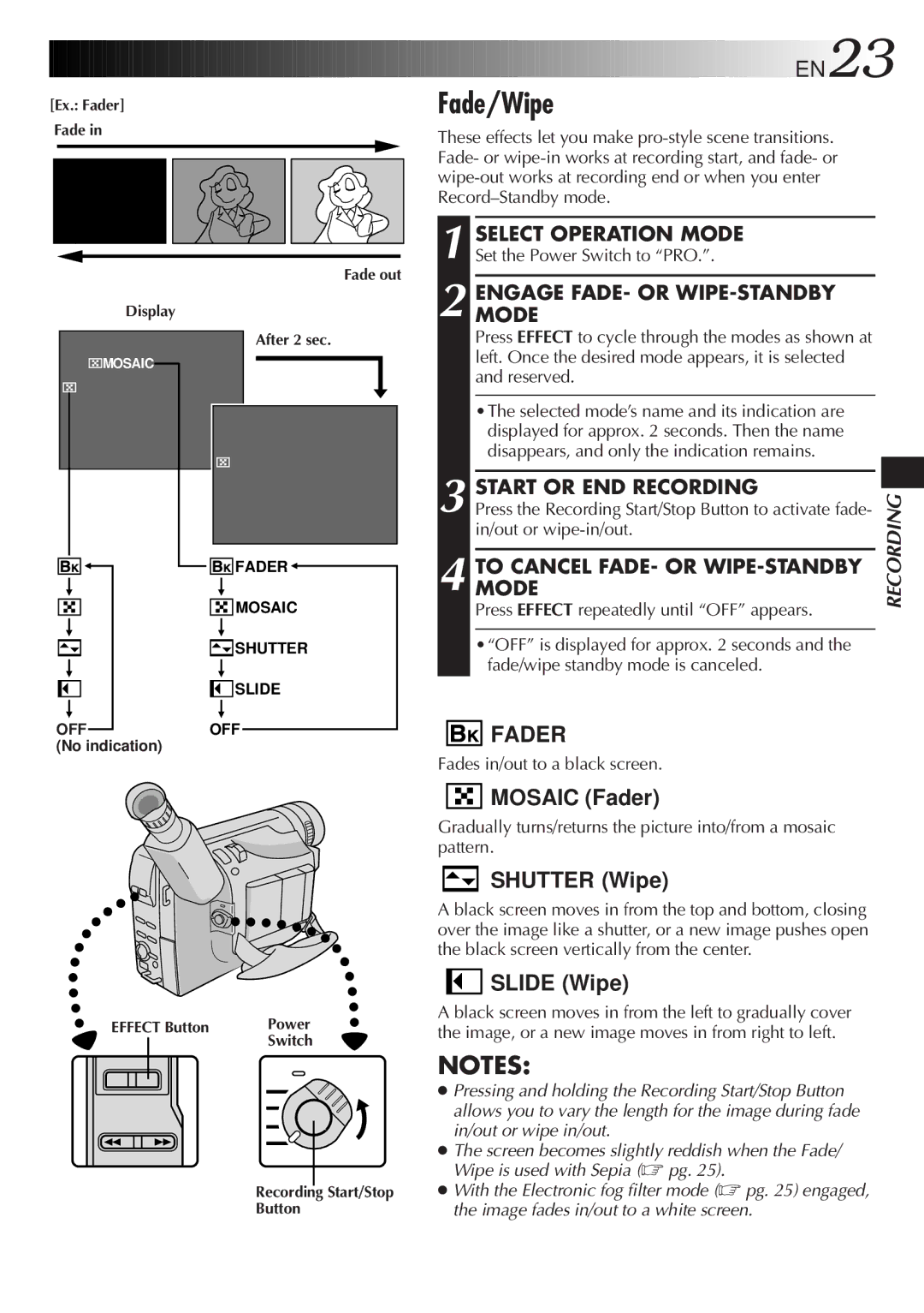 JVC GR-AX657UM, GR-AX957UM, GR-AX857UM manual Fade/Wipe, Engagemode FADE- or WIPE-STANDBY, Start or END Recording 
