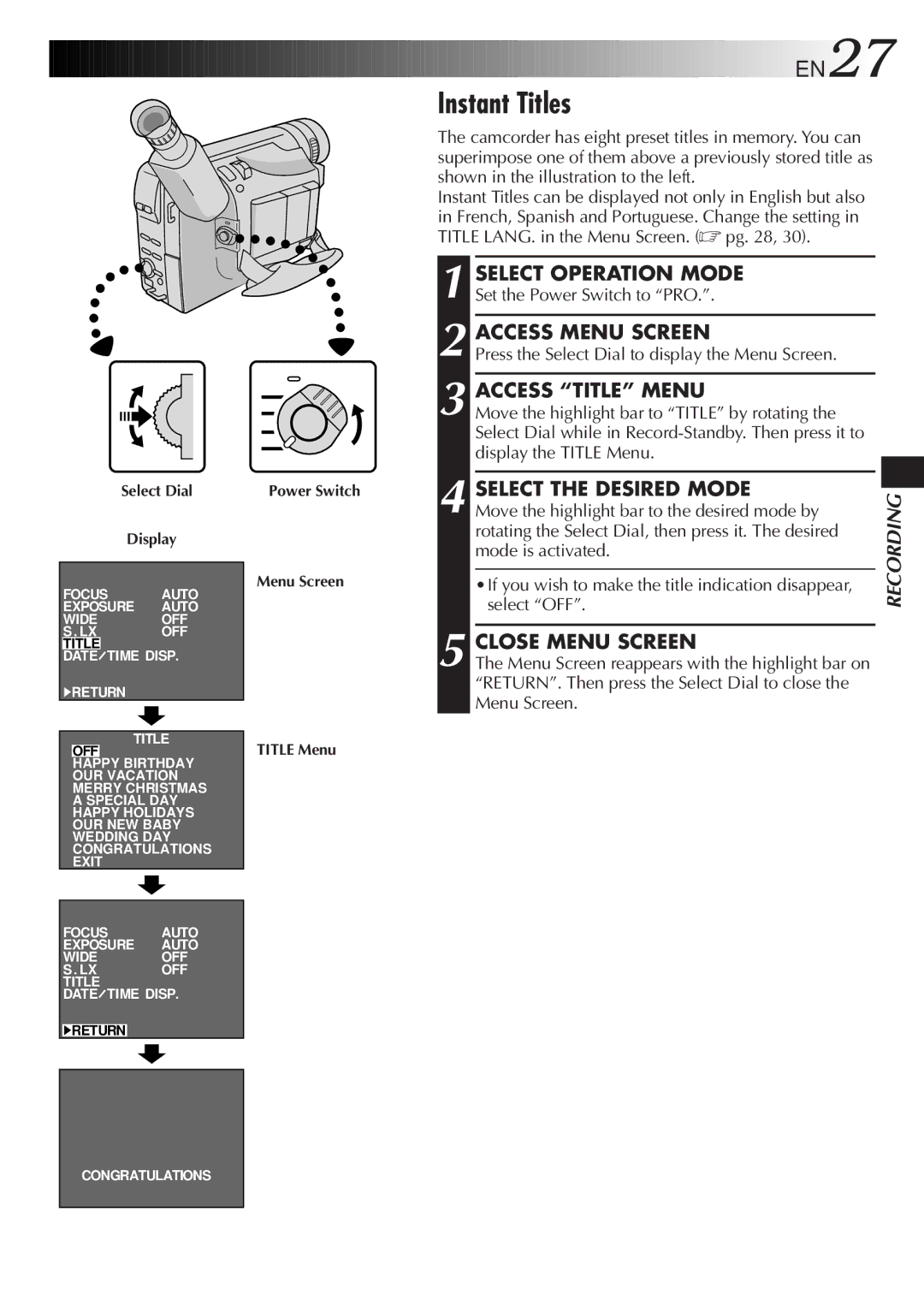 JVC GR-AX957UM, GR-AX857UM, GR-AX657UM manual Instant Titles, Access Title Menu, Select the Desired Mode 