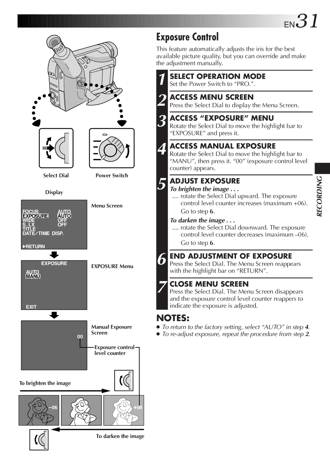 JVC GR-AX857UM Exposure Control, Access Exposure Menu, Access Manual Exposure, Adjust Exposure, END Adjustment of Exposure 