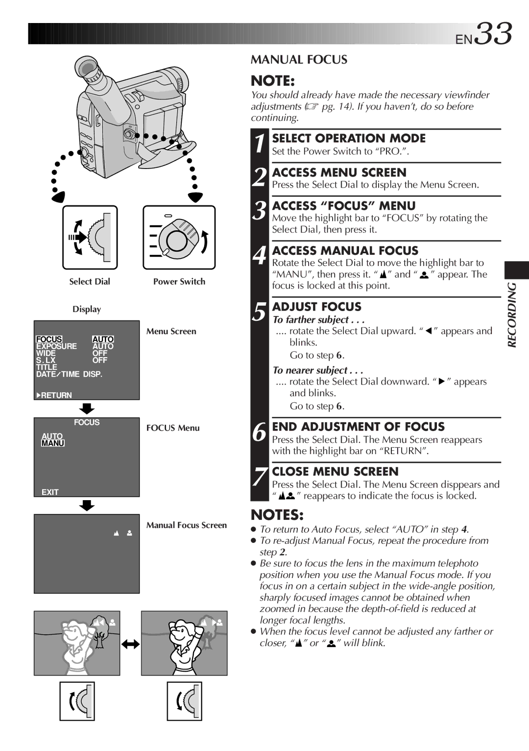 JVC GR-AX957UM, GR-AX857UM, GR-AX657UM manual Access Focus Menu, Access Manual Focus, Adjust Focus, END Adjustment of Focus 