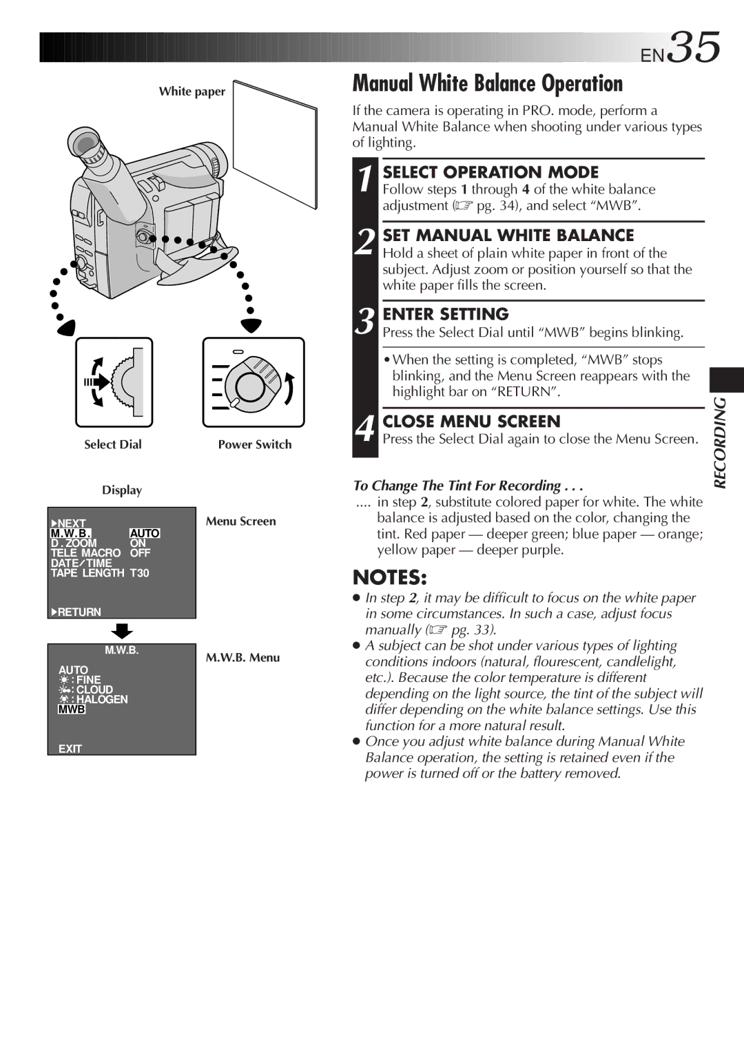 JVC GR-AX657UM Manual White Balance Operation, SET Manual White Balance, Enter Setting, To Change The Tint For Recording 